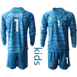 Spain #1 Casillas Blue Long Sleeves Goalkeeper Kid Soccer Country Jersey