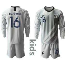 France #16 Mandanda Grey Goalkeeper Long Sleeves Kid Soccer Country Jersey
