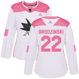 Adidas San Jose Sharks #22 Jonny Brodzinski White/Pink Authentic Fashion Womens Stitched NHL Jersey