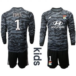 Lyon #1 Lopes Black Goalkeeper Long Sleeves Kid Soccer Club Jersey