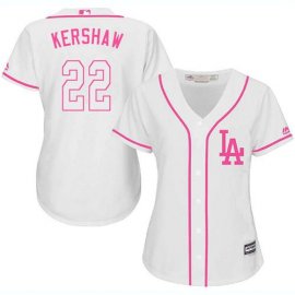 Los Angeles Dodgers #22 Clayton Kershaw White/Pink Fashion Womens Stitched MLB Jersey