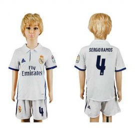 Real Madrid #4 Sergio Ramos White Home Kid Soccer Club Jersey