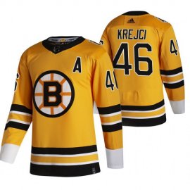 Boston Bruins #46 David Krejci Yellow Mens Adidas 2020-21 Reverse Retro Alternate NHL Jersey