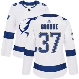 Adidas Tampa Bay Lightning #37 Yanni Gourde White Road Authentic Womens Stitched NHL Jersey