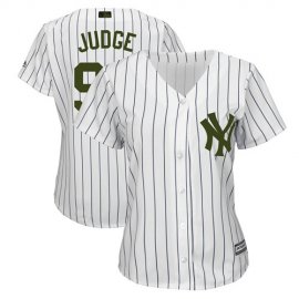 New York Yankees #99 Aaron Judge White Strip 2018 Memorial Day Cool Base Womens Stitched MLB Jersey