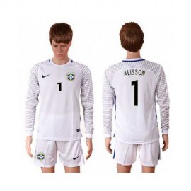 Brazil #1 Alisson White Goalkeeper Long Sleeves Soccer Country Jersey