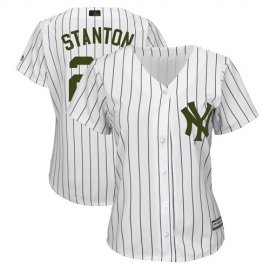 New York Yankees #27 Giancarlo Stanton White Strip 2018 Memorial Day Cool Base Womens Stitched MLB Jersey