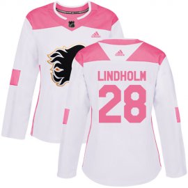 Adidas Calgary Flames #28 Elias Lindholm White/Pink Authentic Fashion Womens Stitched NHL Jersey