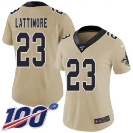 Nike New Orleans Saints #23 Marshon Lattimore Gold Womens Stitched NFL Limited Inverted Legend 100th Season Jersey