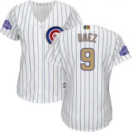 Chicago Cubs #9 Javier Baez White(Blue Strip) 2017 Gold Program Cool Base Womens Stitched MLB Jersey