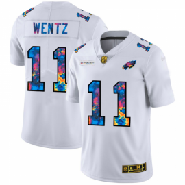 Philadelphia Eagles #11 Carson Wentz Mens White Nike Multi-Color 2020 NFL Crucial Catch Limited NFL Jersey