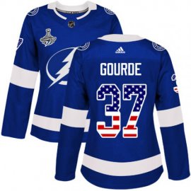 Adidas Tampa Bay Lightning #37 Yanni Gourde Blue Home Authentic USA Flag Womens 2020 Stanley Cup Champions Stitched NHL Jersey