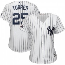 New York Yankees #25 Gleyber Torres Majestic Womens 2019 Postseason Official Cool Base Player Jersey White Navy