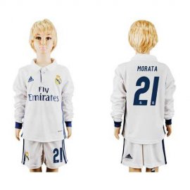 Real Madrid #21 Morata Home Long Sleeves Kid Soccer Club Jersey