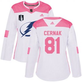 Adidas Tampa Bay Lightning #81 Erik Cernak White/Pink 2022 Stanley Cup Final Patch Authentic Fashion Womens Stitched NHL Jersey Womens
