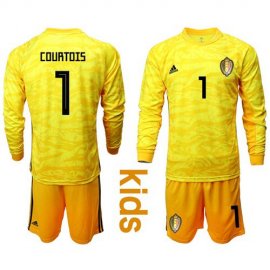 Belgium #1 Courtois Yellow Goalkeeper Long Sleeves Kid Soccer Country Jersey