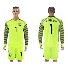 Brazil #1 Jefferson Green Long Sleeves Goalkeeper Soccer Country Jersey