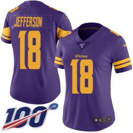 Nike Minnesota Vikings #18 Justin Jefferson Purple Womens Stitched NFL Limited Rush 100th Season Jersey