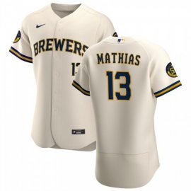Milwaukee Brewers #13 Mark Mathias Mens Nike Cream Home 2020 Authentic Player MLB Jersey