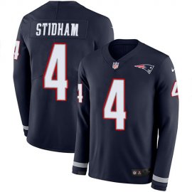 Nike New England Patriots #4 Jarrett Stidham Navy Blue Team Color Mens Stitched NFL Limited Therma Long Sleeve Jersey