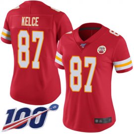 Nike Kansas City Chiefs #87 Travis Kelce Red Team Color Womens Stitched NFL 100th Season Vapor Limited Jersey