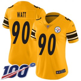 Nike Pittsburgh Steelers #90 T. J. Watt Gold Womens Stitched NFL Limited Inverted Legend 100th Season Jersey