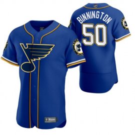 St. Louis Blues #50 Jordan Binnington Mens 2020 NHL x MLB Crossover Edition Baseball Jersey Blue