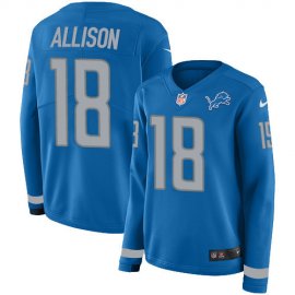 Nike Detroit Lions #18 Geronimo Allison Blue Team Color Womens Stitched NFL Limited Therma Long Sleeve Jersey