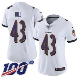 Nike Baltimore Ravens #43 Justice Hill White Womens Stitched NFL 100th Season Vapor Untouchable Limited Jersey