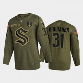 Seattle Seattle Kraken #31 Philipp Grubauer Mens Adidas Veterans Day 2022 Military Appreciation NHL Jersey – Olive Mens