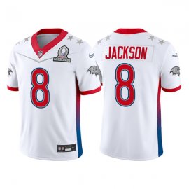 Mens Baltimore Ravens #8 Lamar Jackson 2022 White AFC Pro Bowl Stitched Jersey