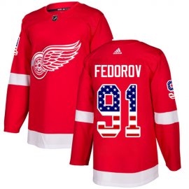 Adidas Detroit Red Wings #91 Sergei Fedorov Red Home Authentic USA Flag Stitched NHL Jersey
