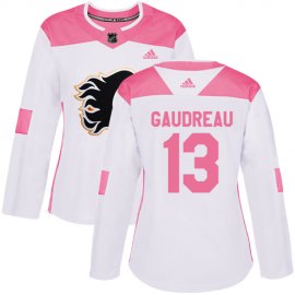 Adidas Calgary Flames #13 Johnny Gaudreau White/Pink Authentic Fashion Womens Stitched NHL Jersey
