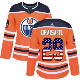 Adidas Edmonton Oilers #29 Leon Draisaitl Orange Home Authentic USA Flag Womens Stitched NHL Jersey