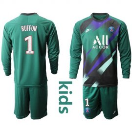 Paris Saint Germain #1 Buffon Green Goalkeeper Long Sleeves Kid Soccer Club Jersey