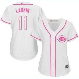 Cincinnati Reds #11 Barry Larkin White/Pink Fashion Womens Stitched MLB Jersey