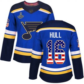 Adidas St. Louis Blues #16 Brett Hull Blue Home Authentic USA Flag Stanley Cup Champions Womens Stitched NHL Jersey