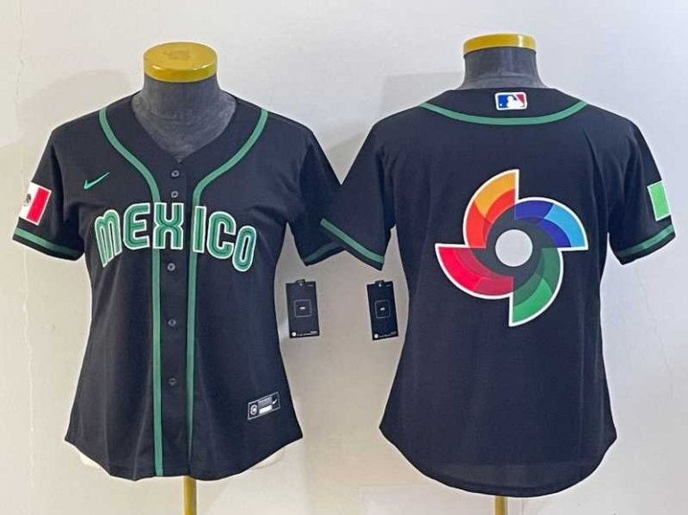 Womens Mexico Baseball 2023 Black World Big Logo Classic Stitched Jersey Womens Mexico Baseball 2023 Black World Big Logo Classic Stitched Jersey