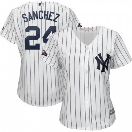 New York Yankees #24 Gary Sanchez Majestic Womens 2019 Postseason Official Cool Base Player Jersey White Navy