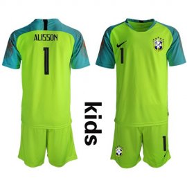 Brazil #1 Alisson Shiny Green Goalkeeper Kid Soccer Country Jersey