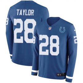 Nike Indianapolis Colts #28 Jonathan Taylor Royal Blue Team Color Mens Stitched NFL Limited Therma Long Sleeve Jersey