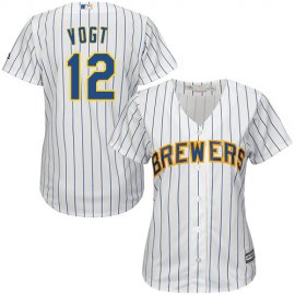 Milwaukee Brewers #12 Stephen Vogt White Strip Home Womens Stitched MLB Jersey