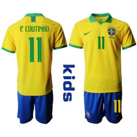 Brazil #11 P.Coutinho Home Kid Soccer Country Jersey