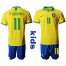 Brazil #11 P.Coutinho Home Kid Soccer Country Jersey