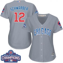 Chicago Cubs #12 Kyle Schwarber Grey Road 2016 World Series Champions Womens Stitched MLB Jersey