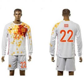 Spain #22 Isco White Away Long Sleeves Soccer Country Jersey