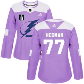 Adidas Tampa Bay Lightning #77 Victor Hedman Purple Authentic 2022 Stanley Cup Final Patch Womens Fights Cancer Stitched NHL Jersey Womens