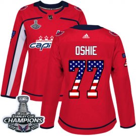 Adidas Washington Capitals #77 T.J. Oshie Red Home Authentic USA Flag Stanley Cup Final Champions Womens Stitched NHL Jersey