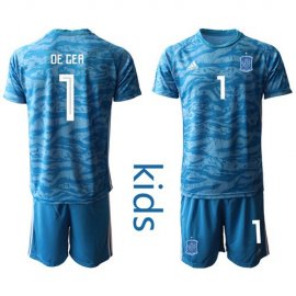 Spain #1 De Gea Blue Goalkeeper Kid Soccer Country Jersey