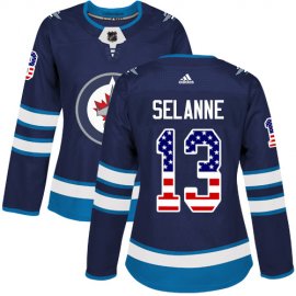 Adidas Winnipeg Jets #13 Teemu Selanne Navy Blue Home Authentic USA Flag Womens Stitched NHL Jersey